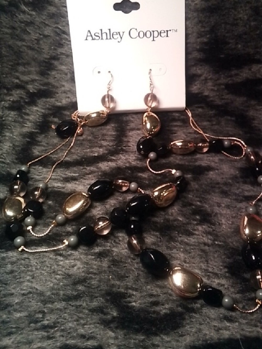 Ashley Cooper Black and Gold Multi-Bead Layered Necklace with Earrings